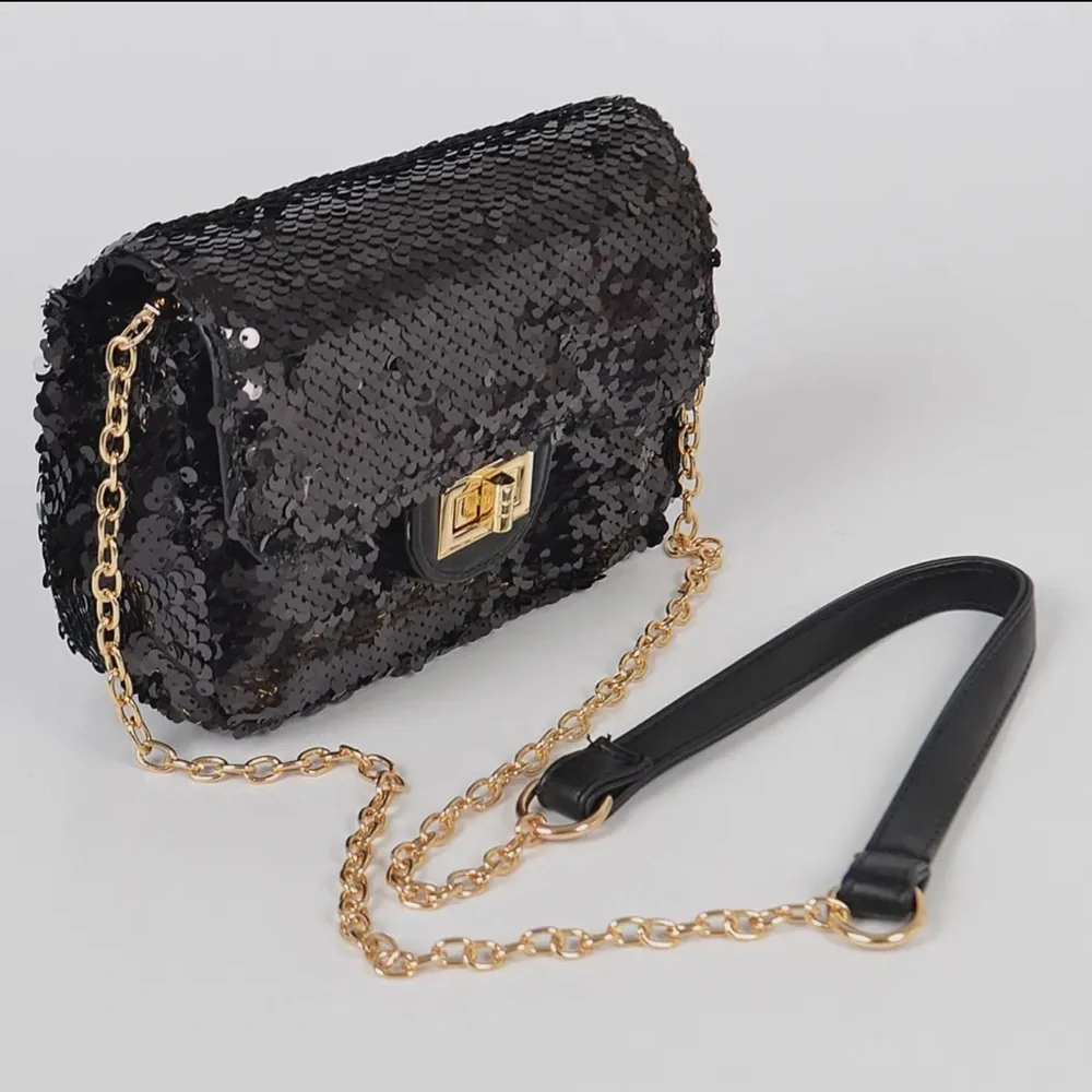 ShopEvelynne Black Sequin Crossbody Bag with Gold Chain - Picture 2 of 4
